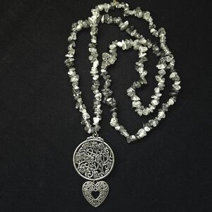 🦋VTG Handmade Natural Black Rutile Quartz Chip Bead Necklace Silver Pendant